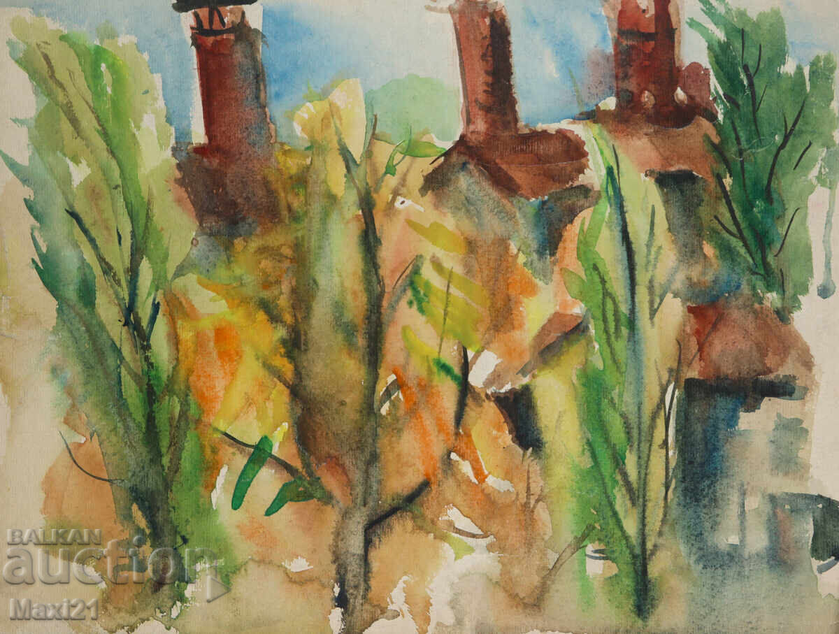 Pictură veche acuarelă peisaj natural cu preț 200.00 BGN | € 102.26