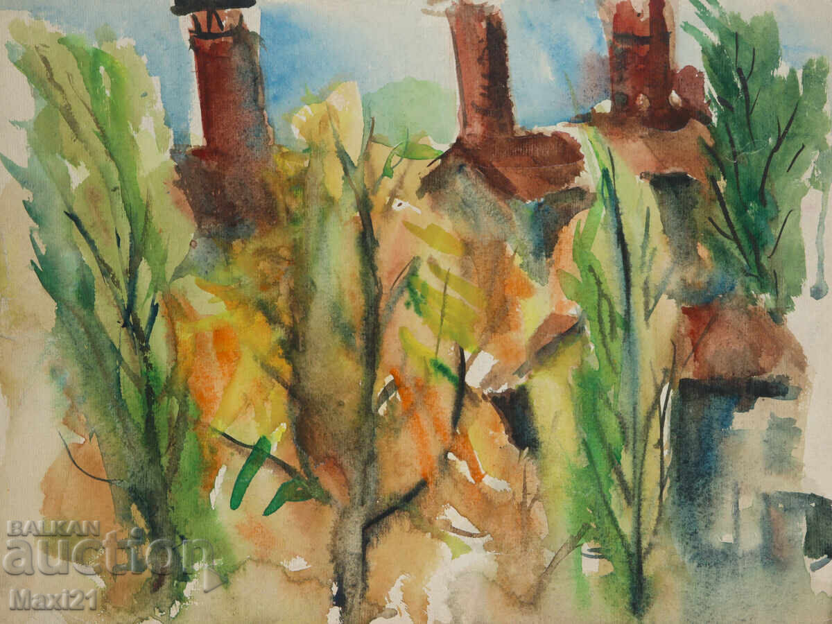 Licitație Pictură veche acuarelă peisaj natural