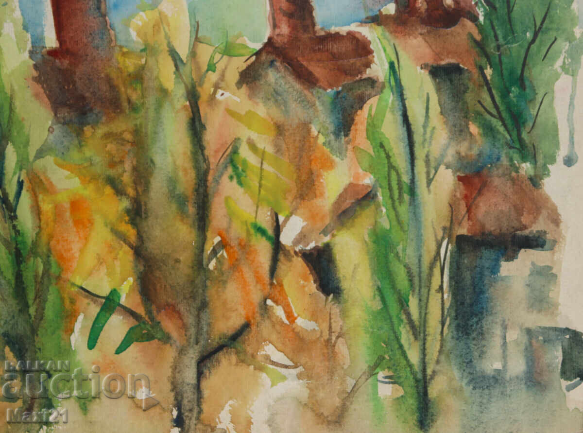 Pictură veche acuarelă peisaj natural - 5