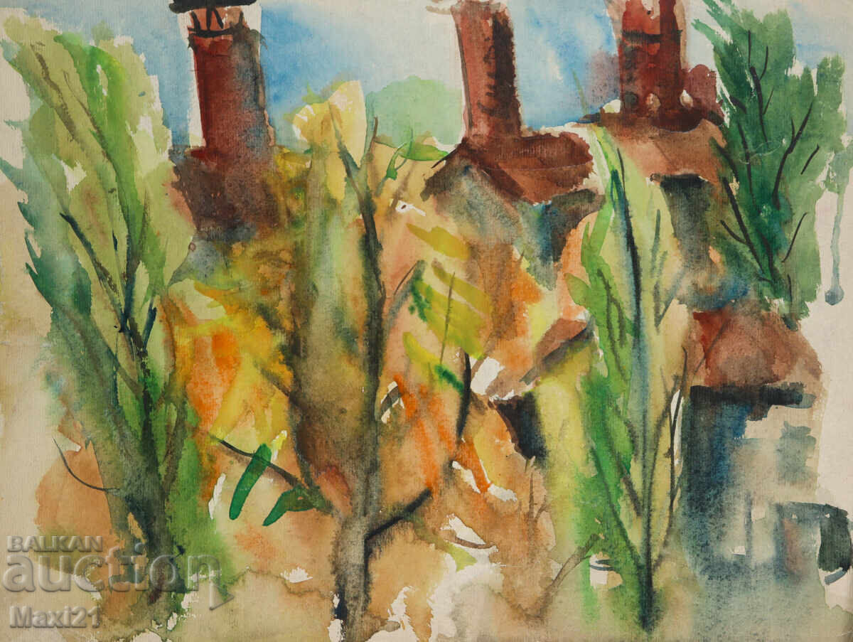 Pictură veche acuarelă peisaj natural