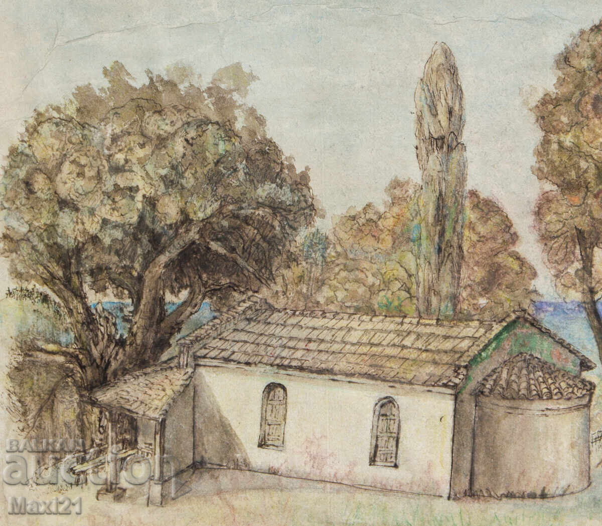 Delivery of Old landscape watercolor painting of St. Marina Monastery, Sozopol