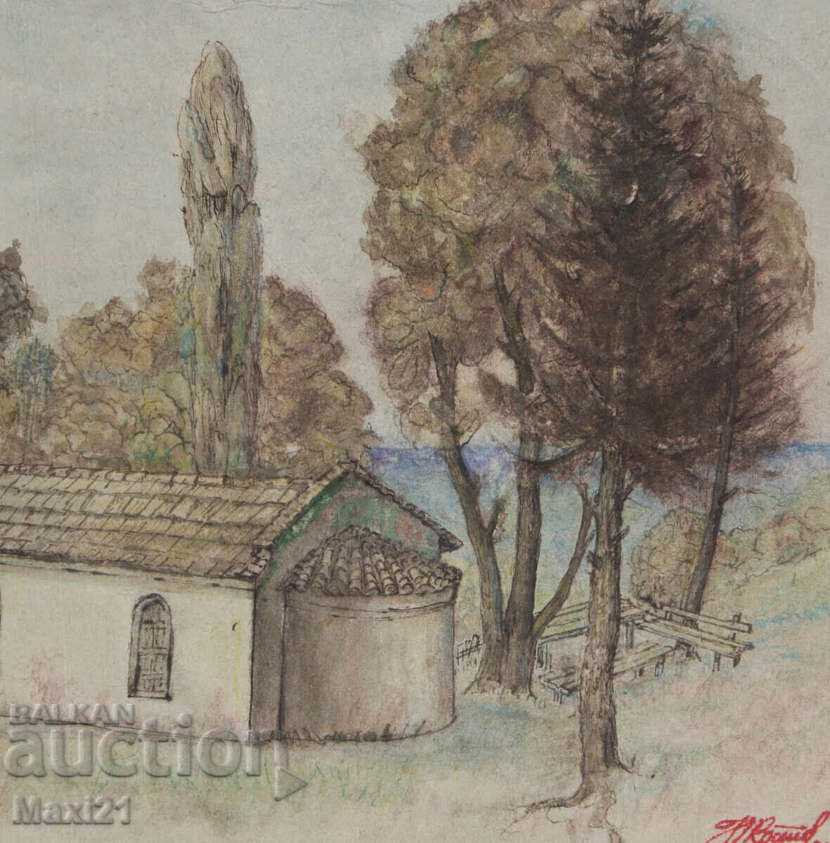 Old landscape watercolor painting of St. Marina Monastery, Sozopol - 5