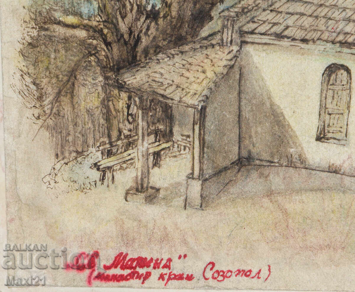 Old landscape watercolor painting of St. Marina Monastery, Sozopol - 7