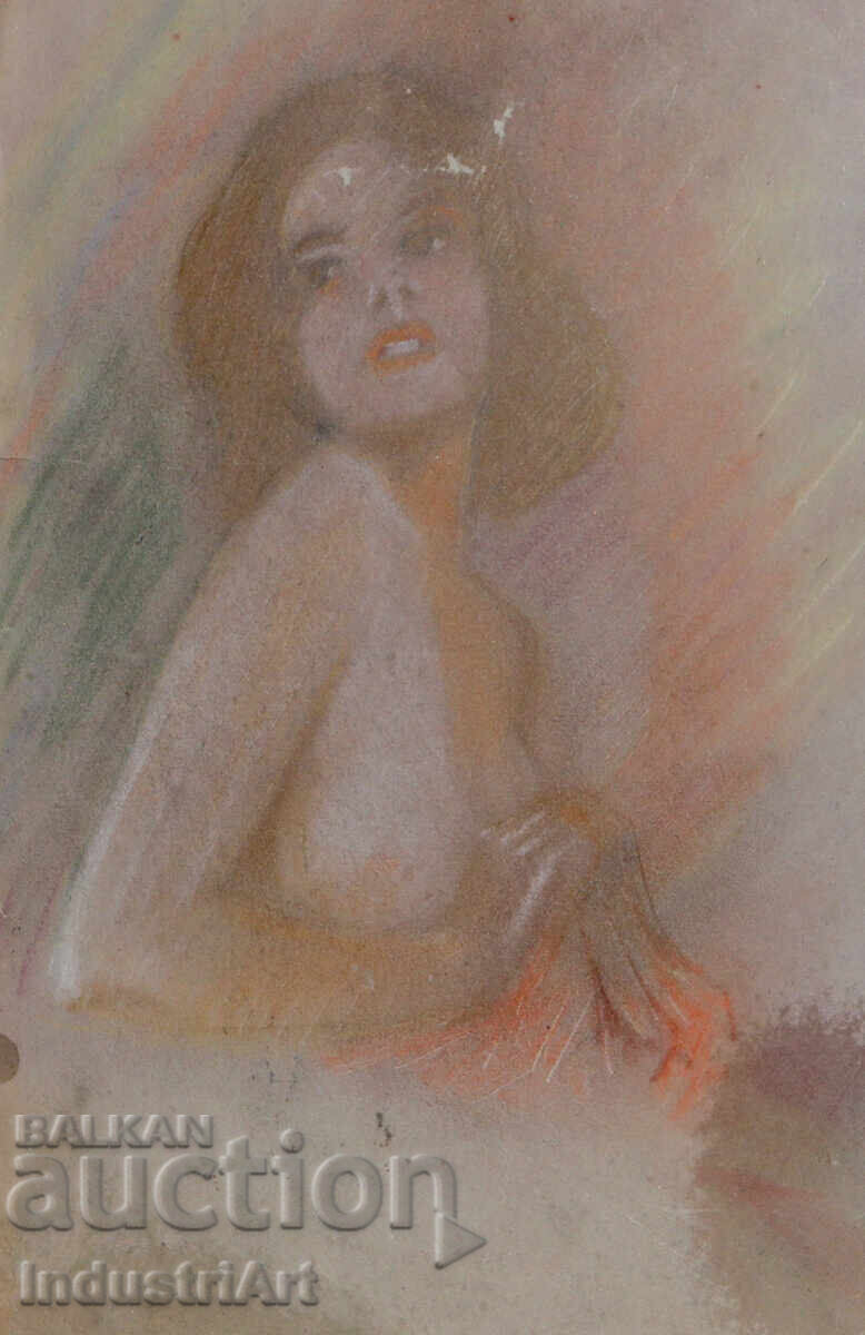 Auction  Old beautiful pastel drawing female portrait nude body
