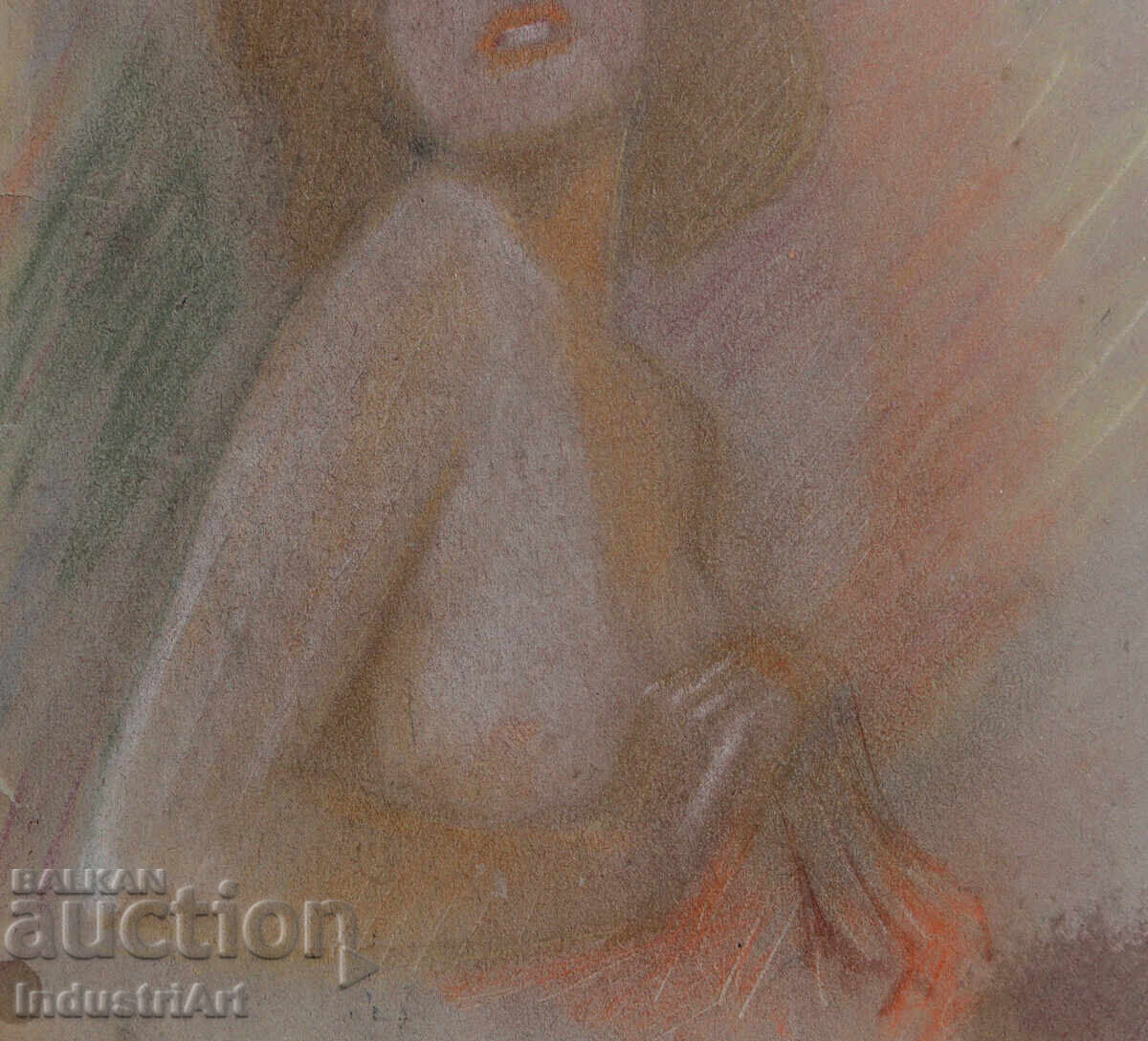Old beautiful pastel drawing female portrait nude body - 6
