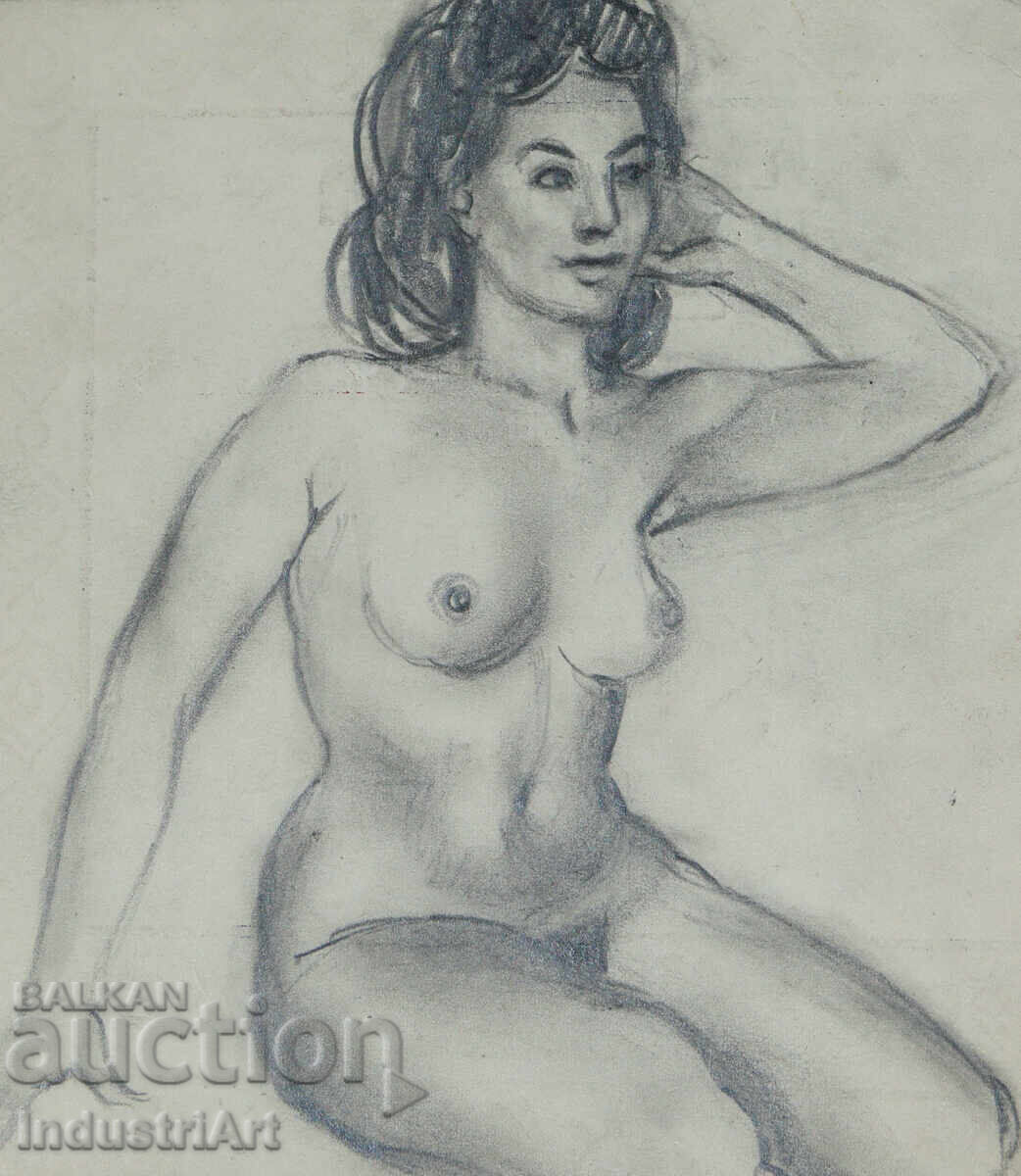 Δημοπρασία Παλιό όμορφο σχέδιο μολυβιού γυναικείο πορτρέτο γυμνό σώμα