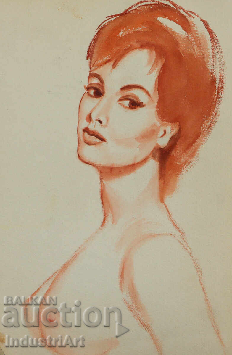 Auction  Erotic watercolor painting female portrait nude body