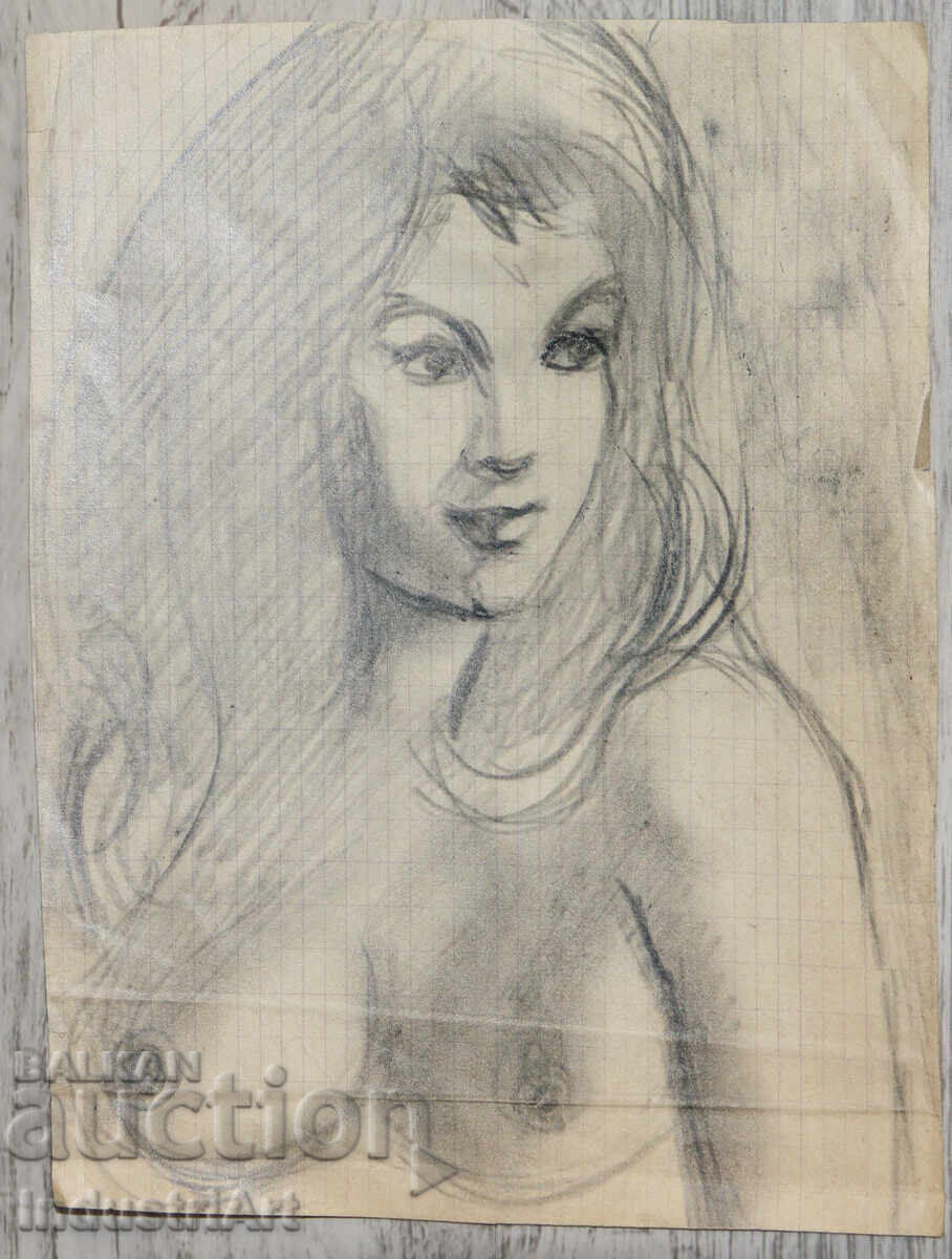 Παλιό όμορφο σχέδιο μολυβιού γυναικείο πορτρέτο γυμνό σώμα με τιμή 100.00 BGN | € 51.13