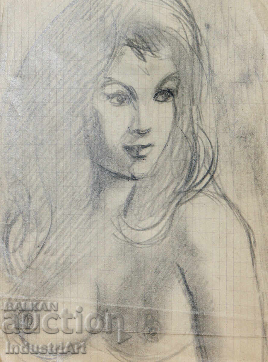Δημοπρασία Παλιό όμορφο σχέδιο μολυβιού γυναικείο πορτρέτο γυμνό σώμα