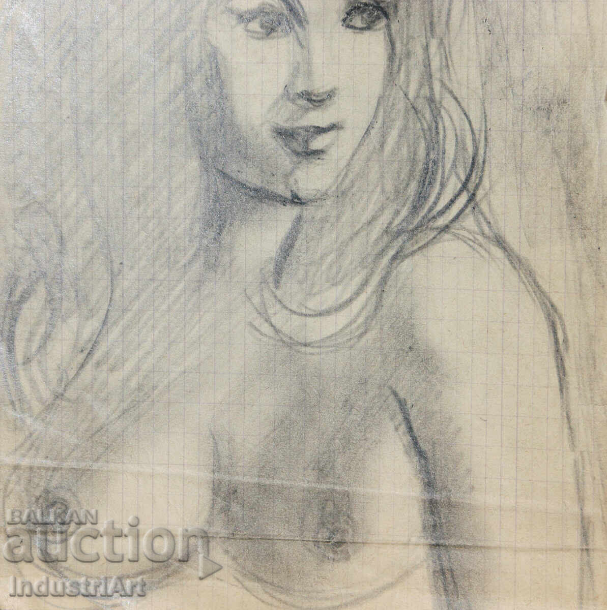 Παλιό όμορφο σχέδιο μολυβιού γυναικείο πορτρέτο γυμνό σώμα - 5