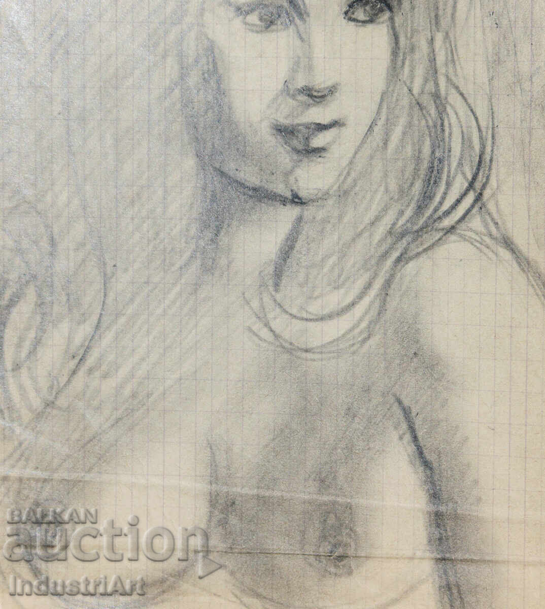 Παλιό όμορφο σχέδιο μολυβιού γυναικείο πορτρέτο γυμνό σώμα - 6