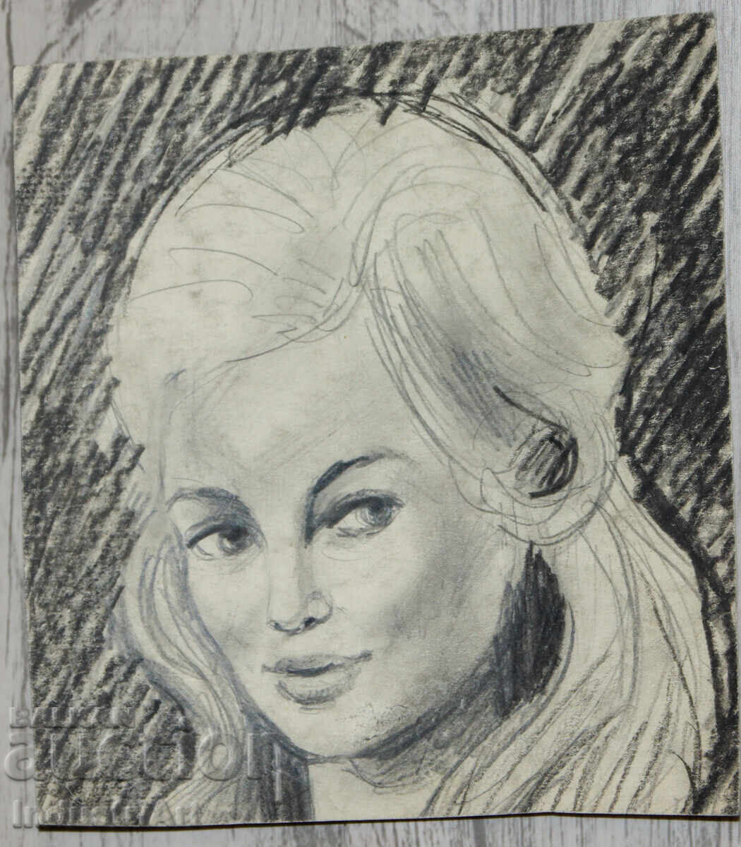 Auction  Old beautiful pencil drawing female portrait