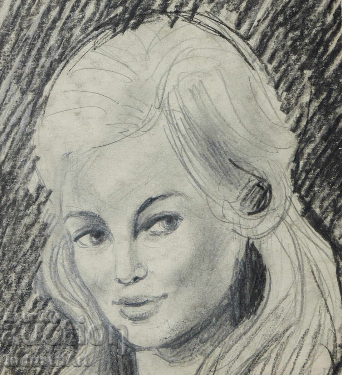 Old beautiful pencil drawing female portrait