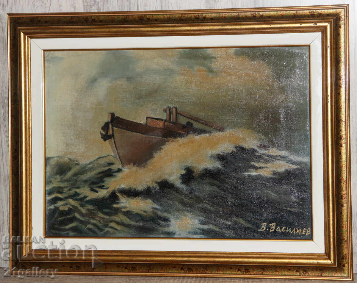 Antique painting, seascape with boat, oil paints with price 600.00 BGN | € 306.78