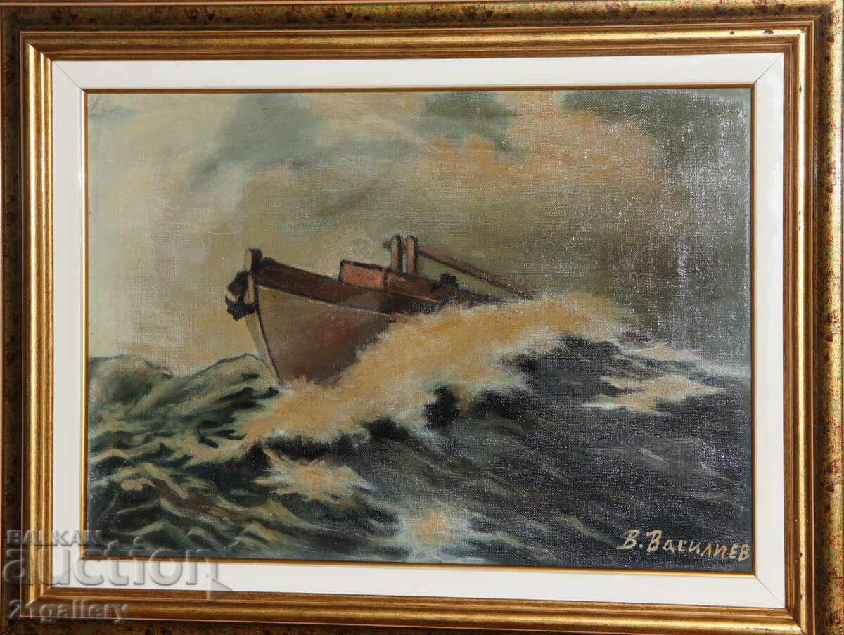 Licitație Tablou vechi peisaj marin cu barcă, ulei