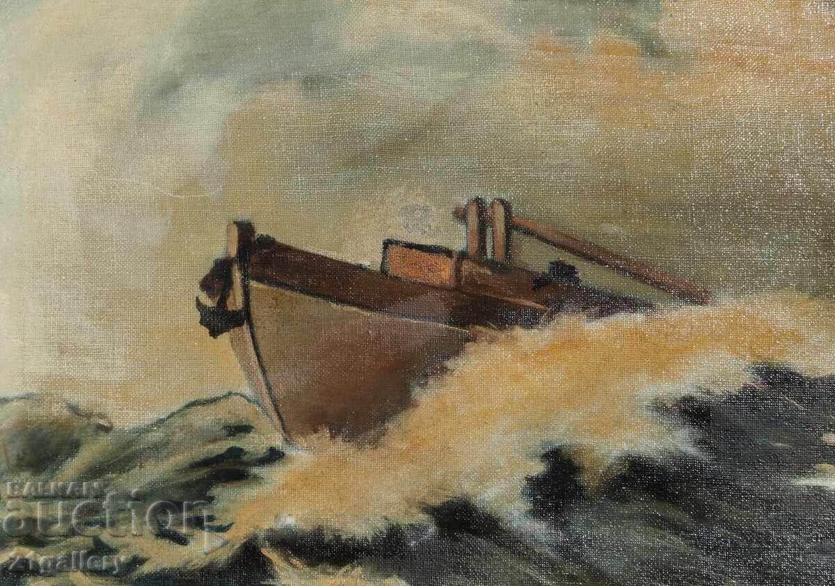 Delivery of Antique painting, seascape with boat, oil paints