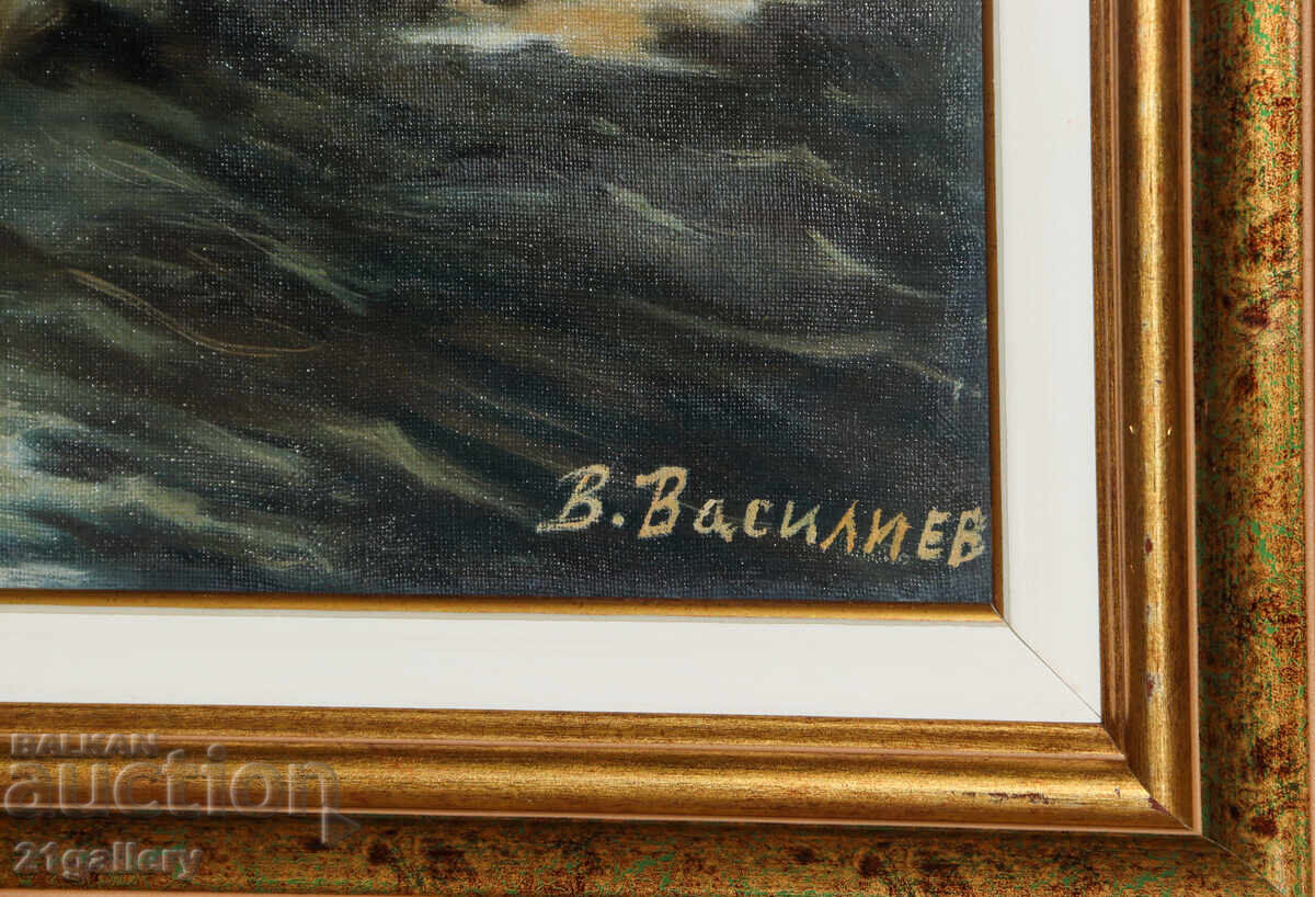 Antique painting, seascape with boat, oil paints - 5