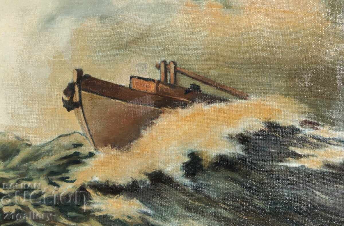 Antique painting, seascape with boat, oil paints - 7