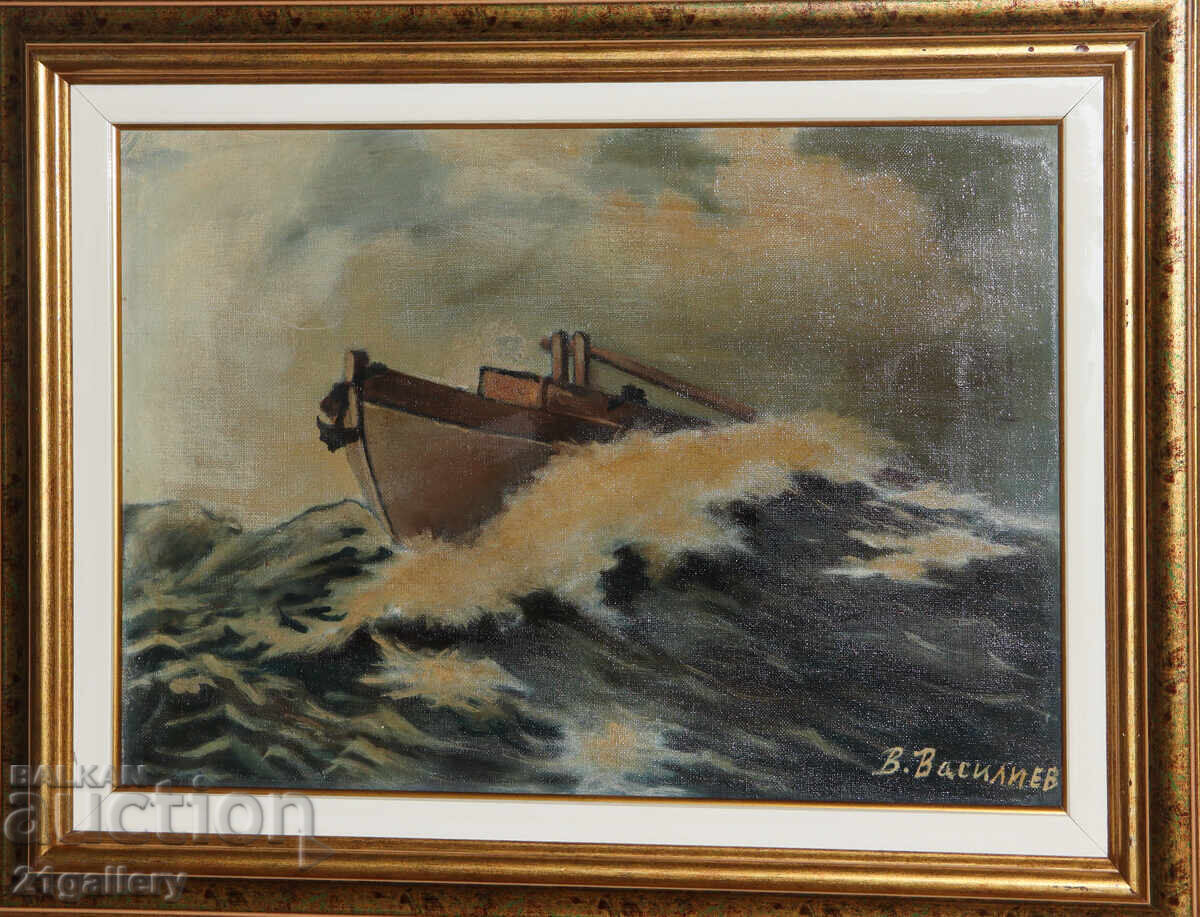 Antique painting, seascape with boat, oil paints