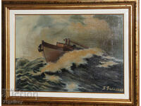 Antique painting, seascape with boat, oil paints