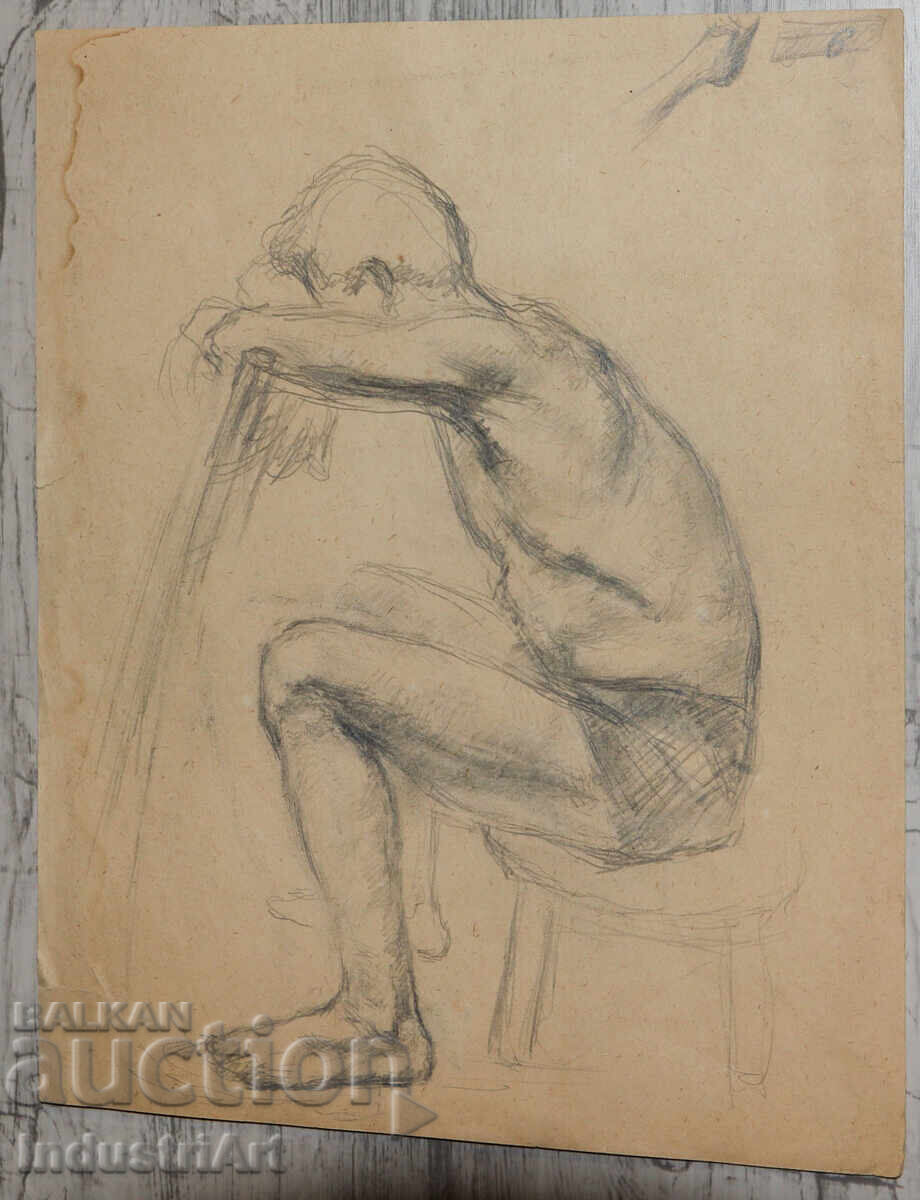 Old drawing study pencil portrait nude body with price 100.00 BGN | € 51.13