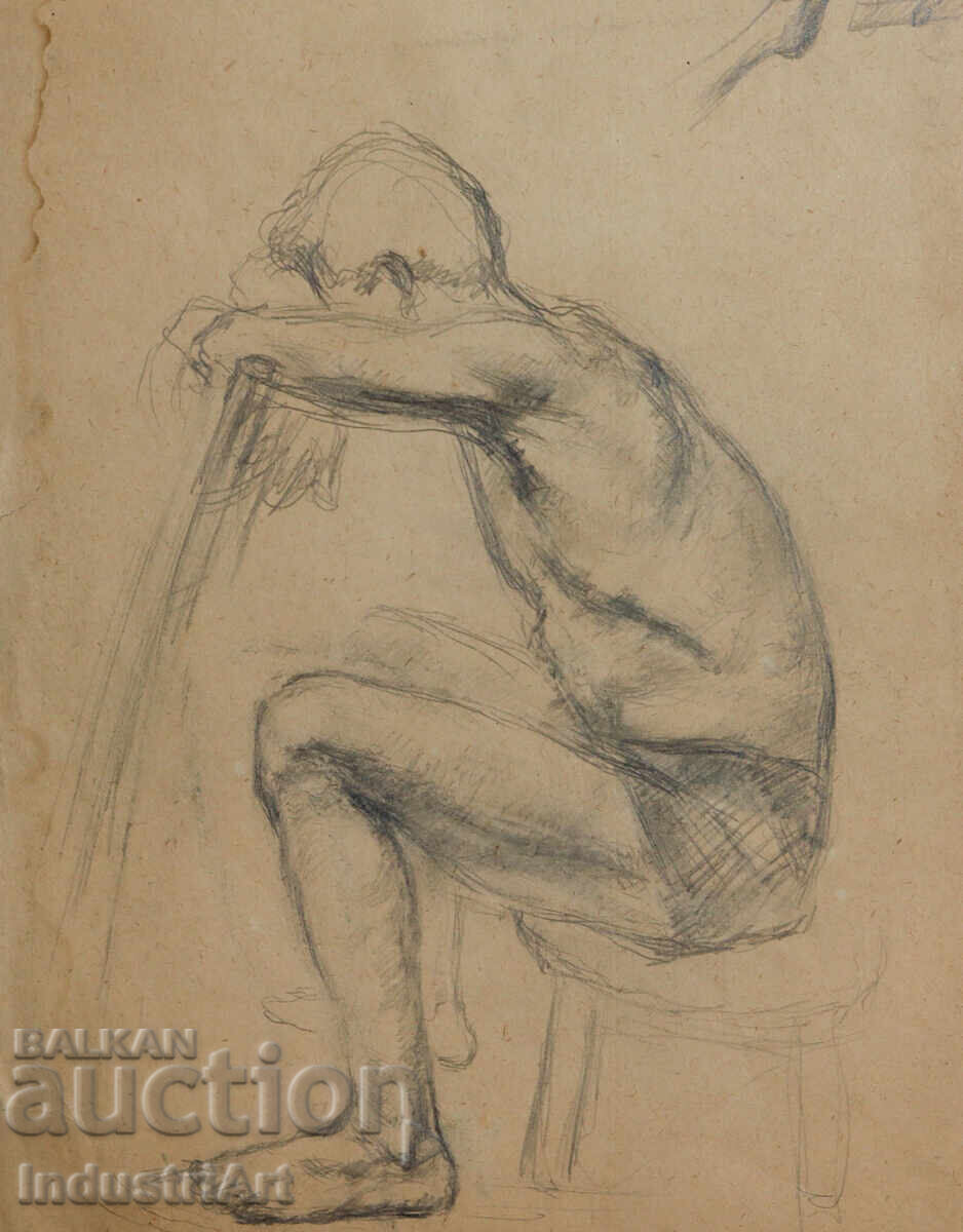 Auction  Old drawing study pencil portrait nude body