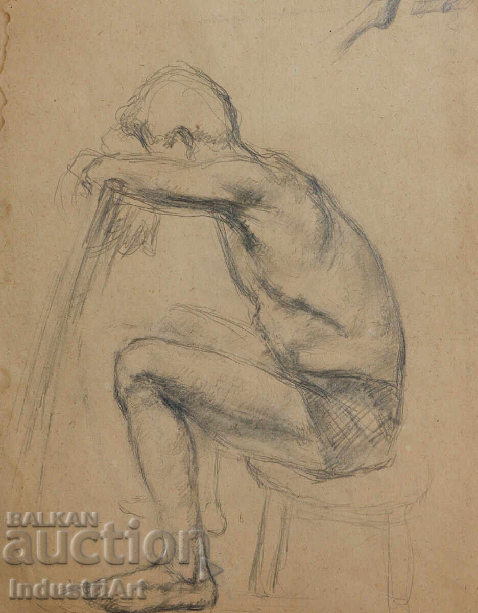 Old drawing study pencil portrait nude body