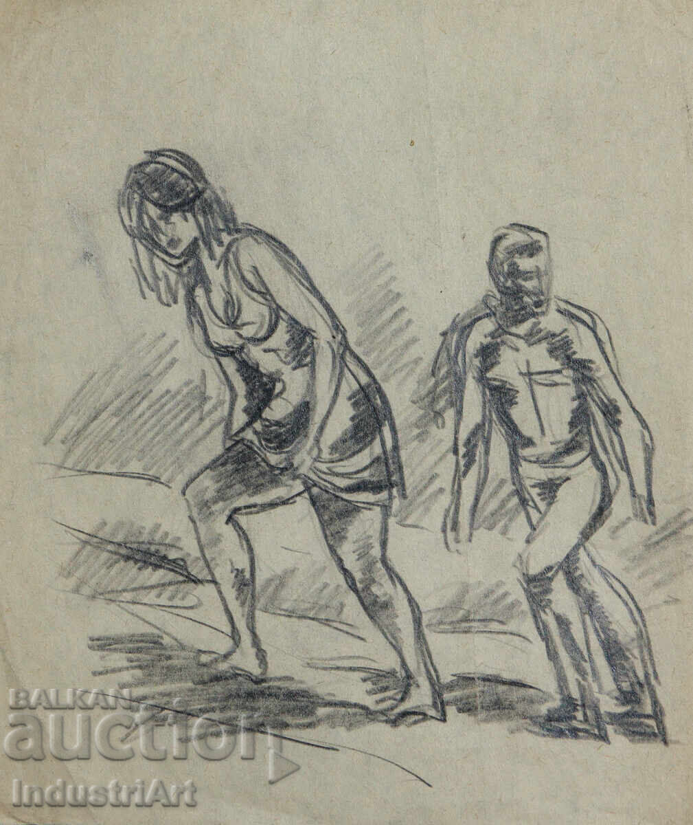 Old pencil drawing portrait figures