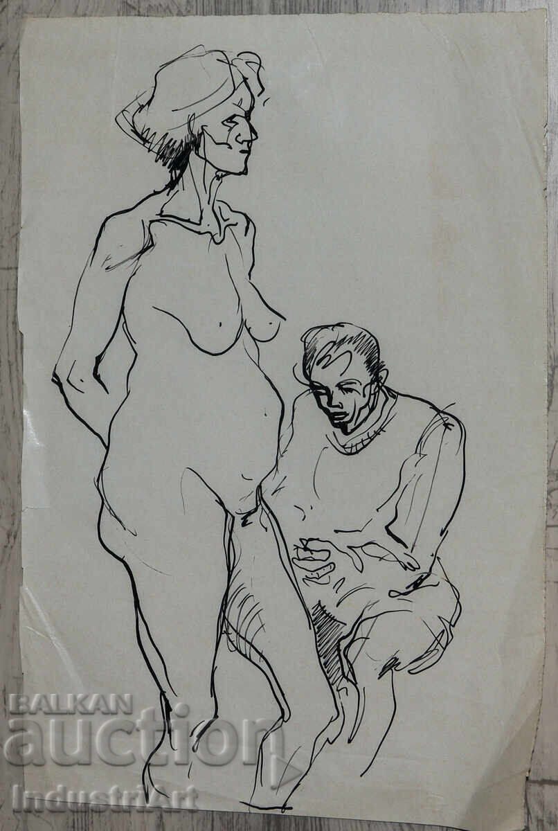 Old ink drawing portrait figure nude body with price 100.00 BGN | € 51.13