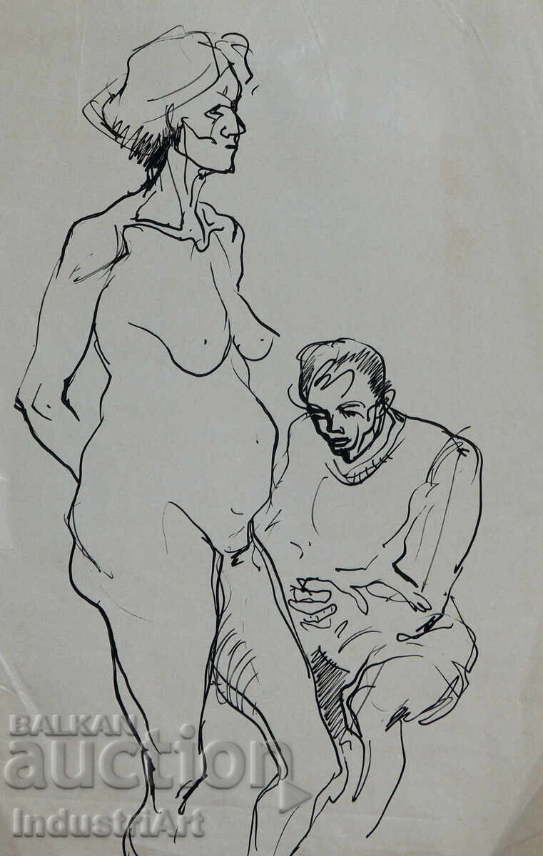 Old ink drawing portrait figure nude body
