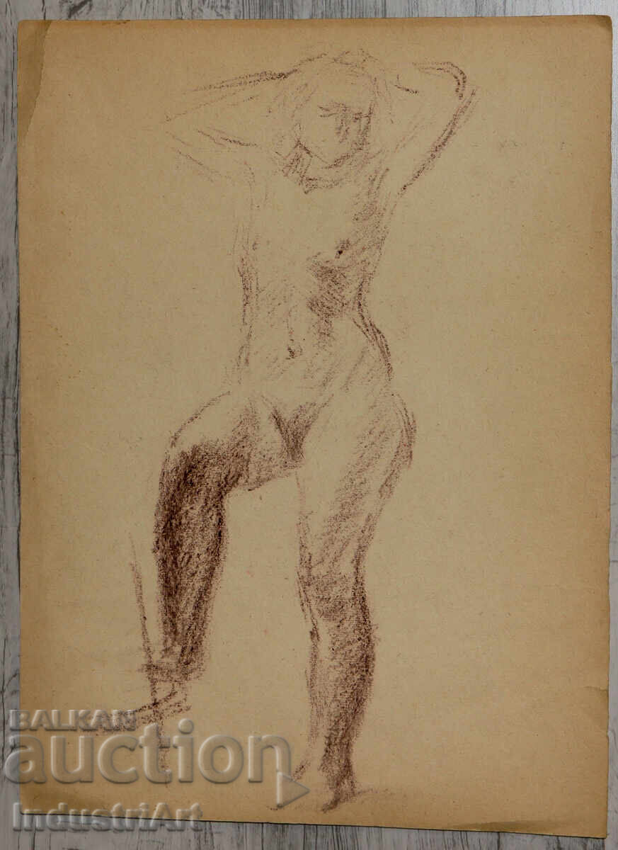 Auction  Old drawing, pastel study, portrait, nude body