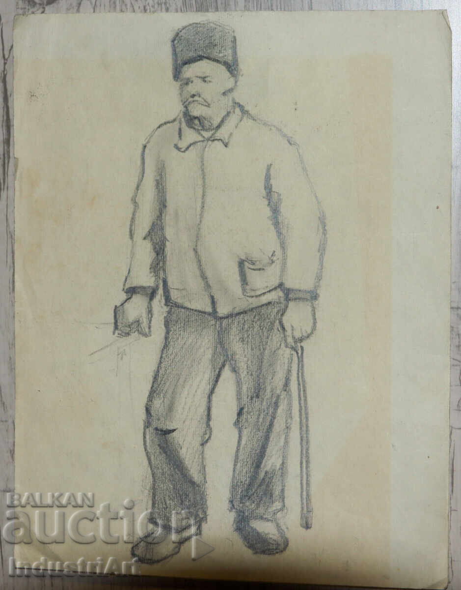 Old pencil drawing portrait of a man with a cap with price 100.00 BGN | € 51.13