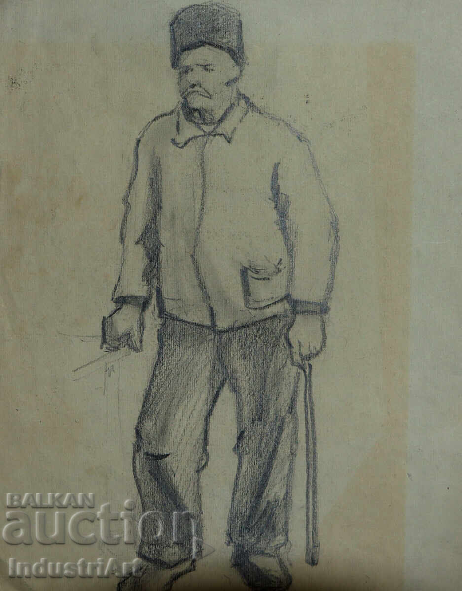 Auction  Old pencil drawing portrait of a man with a cap
