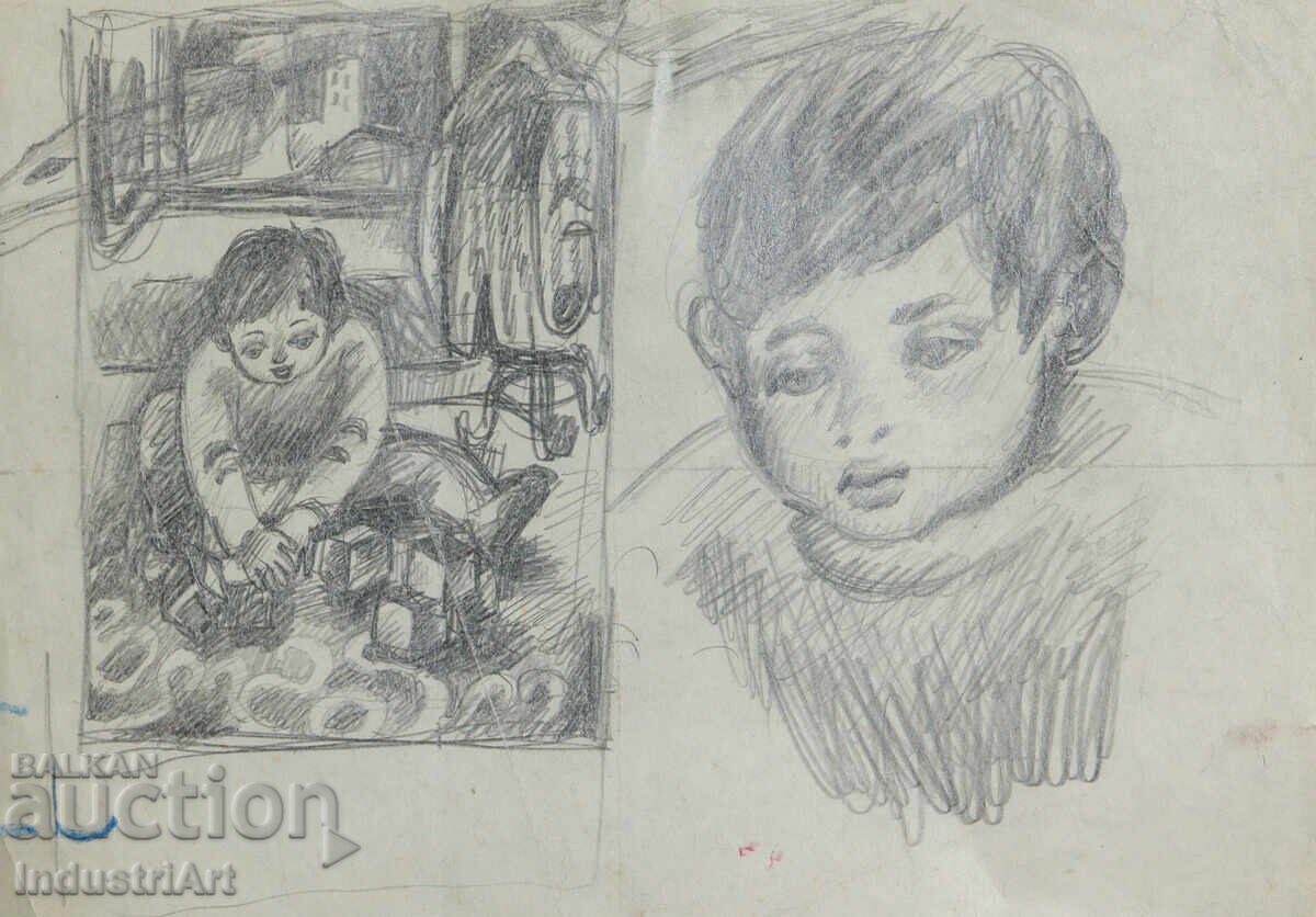 Παλιό σχέδιο σκίτσο μολύβι παιδικό πορτρέτο με τιμή 100.00 BGN | € 51.13