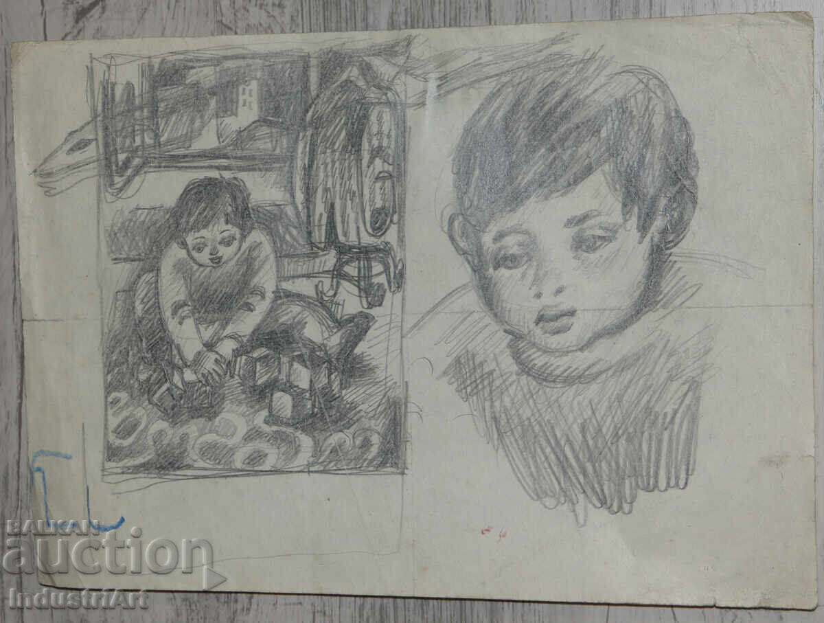 Δημοπρασία Παλιό σχέδιο σκίτσο μολύβι παιδικό πορτρέτο