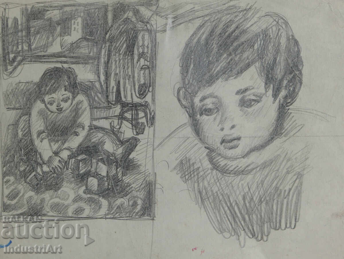 Παλιό σχέδιο σκίτσο μολύβι παιδικό πορτρέτο - 5