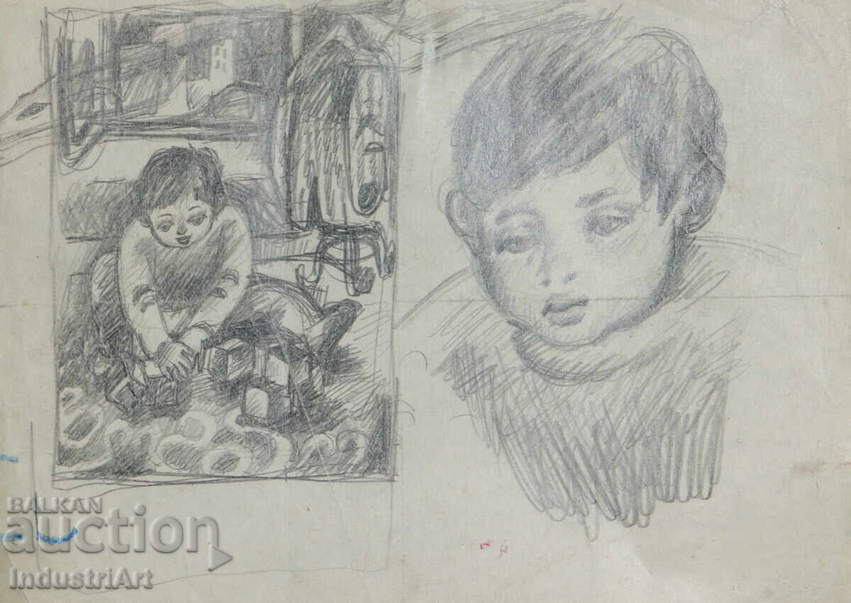 Παλιό σχέδιο σκίτσο μολύβι παιδικό πορτρέτο