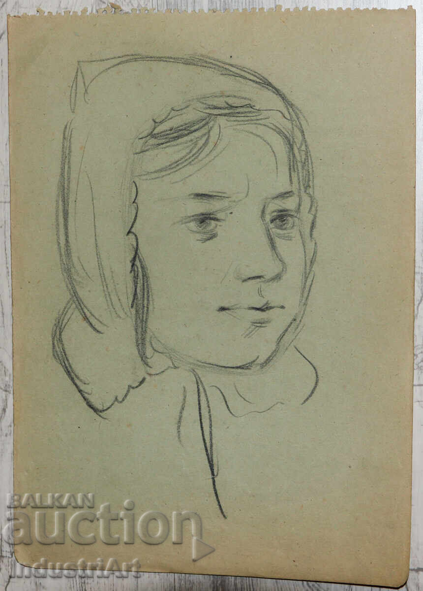 Παλιό σχέδιο σκίτσο μολύβι γυναικείο πορτρέτο με τιμή 100.00 BGN | € 51.13