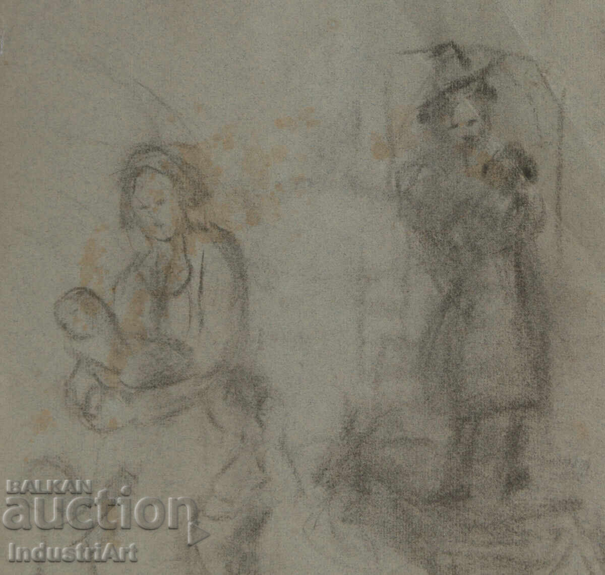 Licitație Desen vechi schiță creion portret figuri