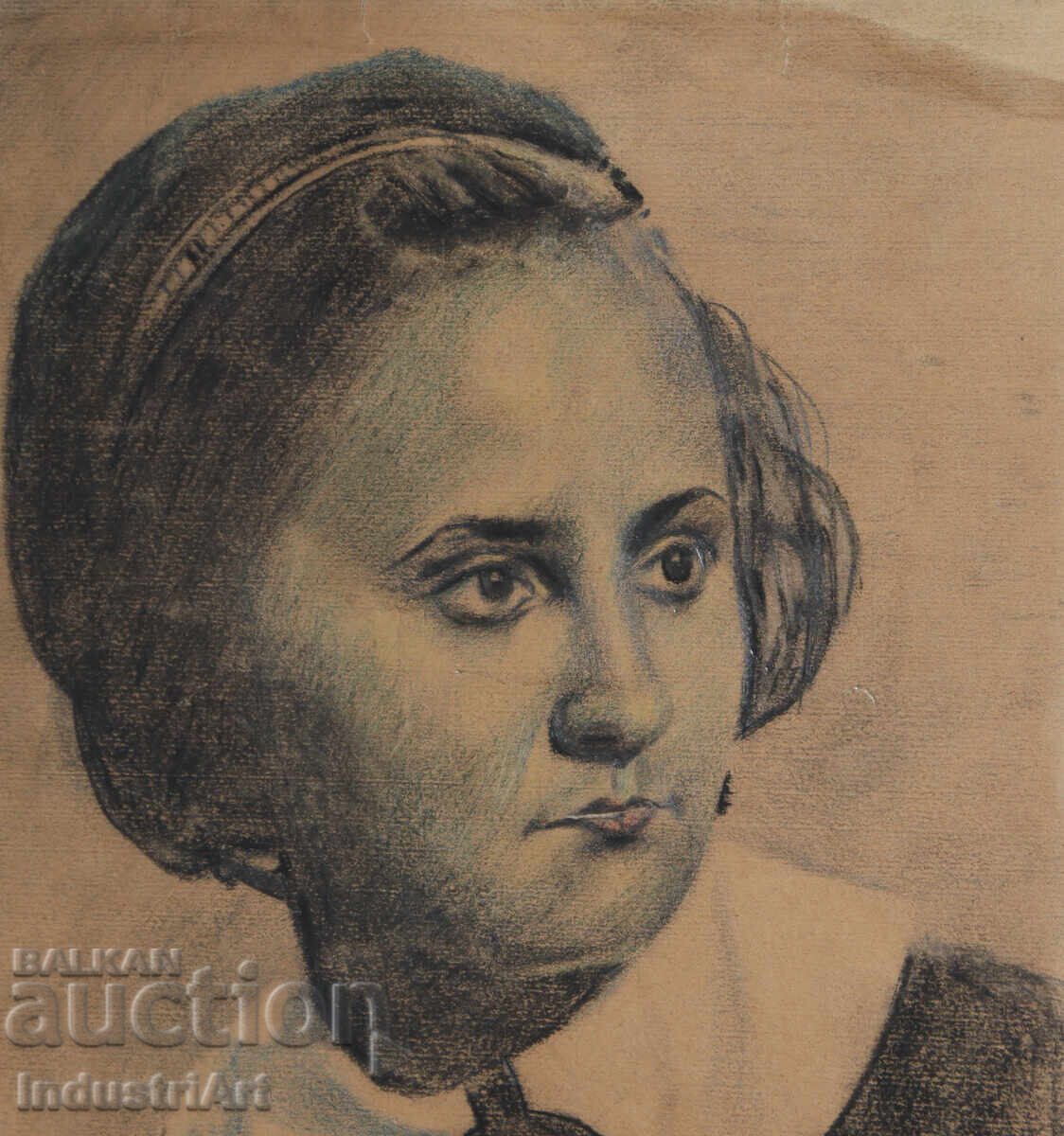 Παράδοση 1945 g. Παλιά παστέλ ζωγραφιά γυναικείου πορτρέτου