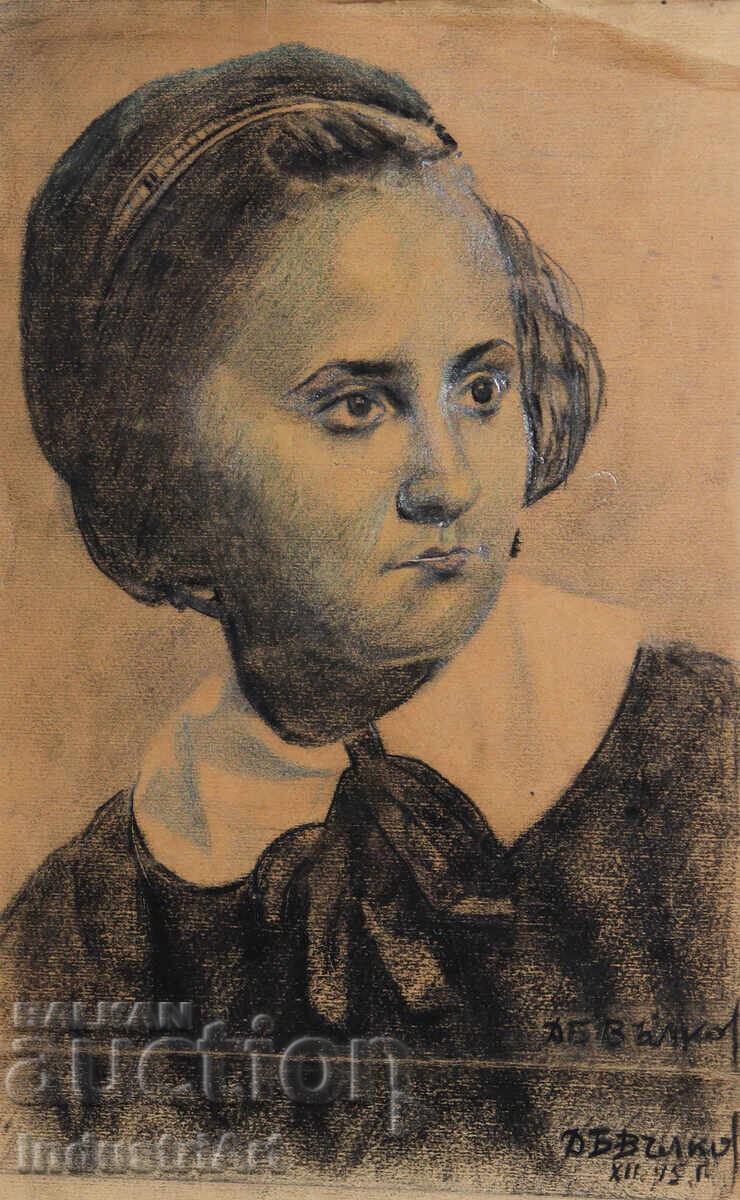 1945 g. Παλιά παστέλ ζωγραφιά γυναικείου πορτρέτου