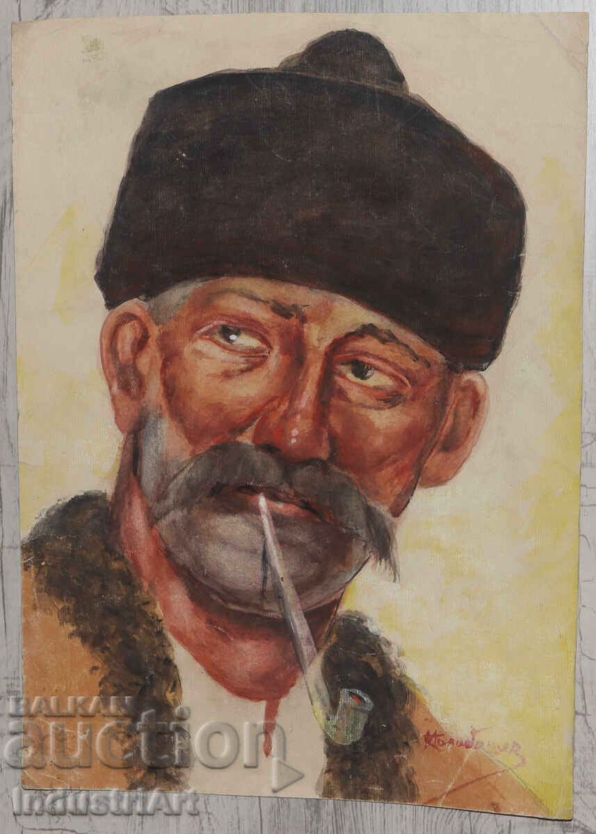 Παλαιός πίνακας ακουαρέλα πορτρέτο άνδρα με πίπα με τιμή 240.00 BGN | € 122.71
