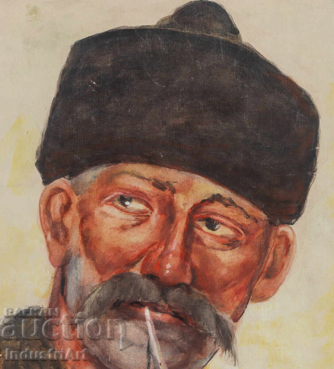 Παράδοση Παλαιός πίνακας ακουαρέλα πορτρέτο άνδρα με πίπα