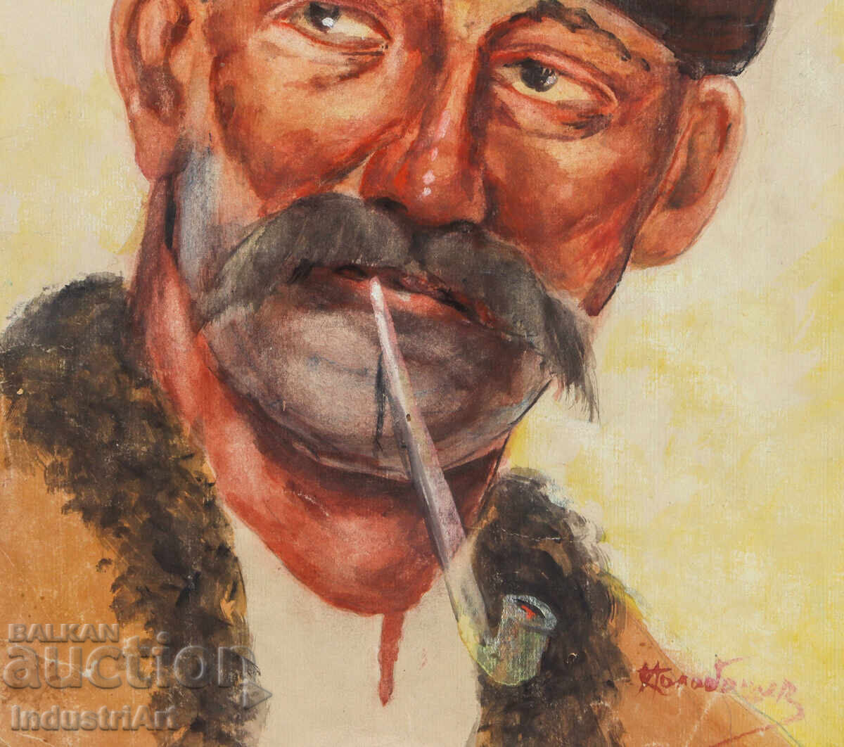 Παλαιός πίνακας ακουαρέλα πορτρέτο άνδρα με πίπα - 5