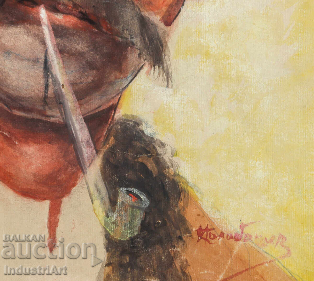 Παλαιός πίνακας ακουαρέλα πορτρέτο άνδρα με πίπα - 6