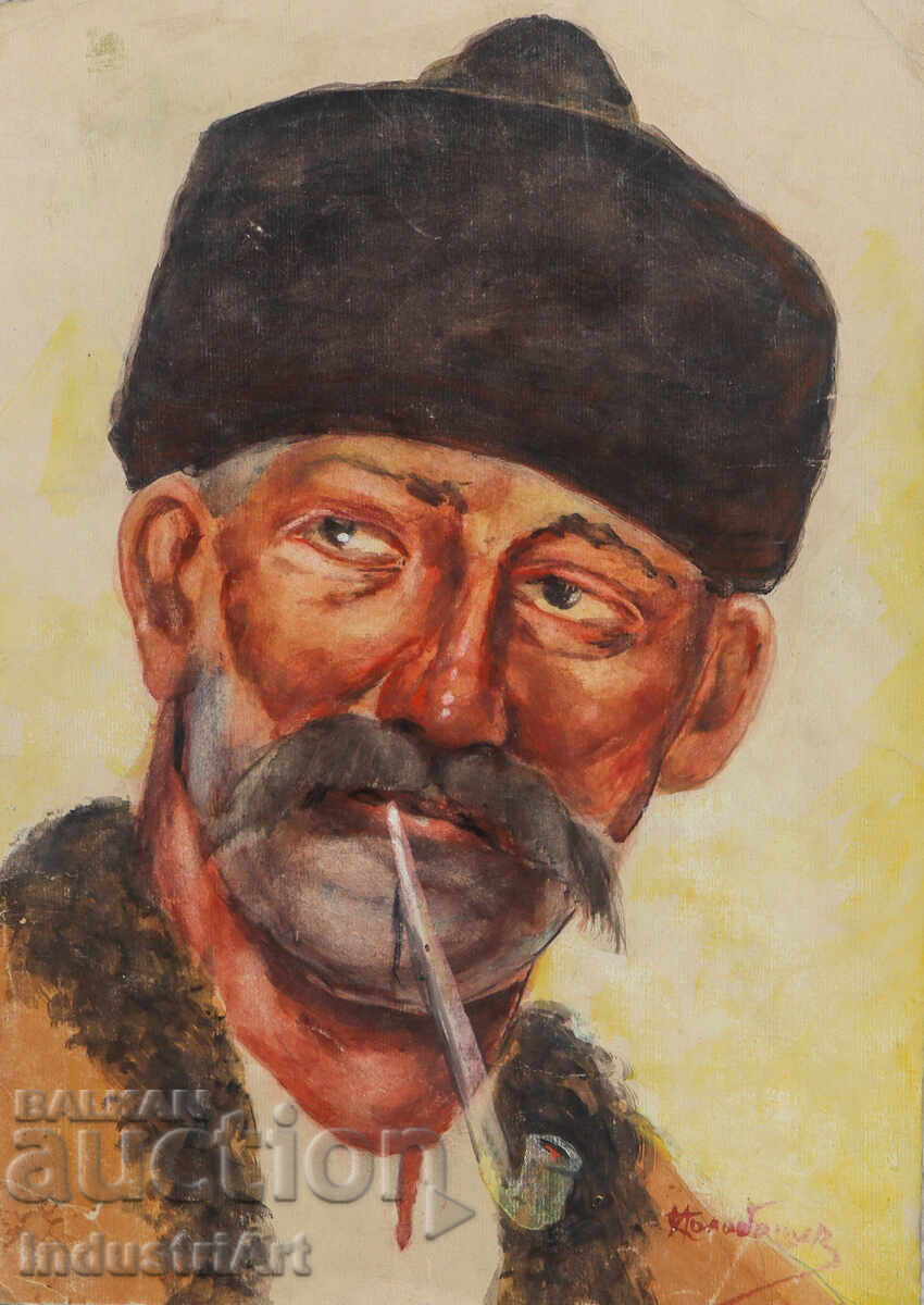 Παλαιός πίνακας ακουαρέλα πορτρέτο άνδρα με πίπα