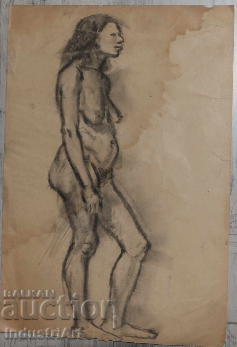 Παλιό σχέδιο κάρβουνο γυναικείο πορτρέτο γυμνό σώμα με τιμή 120.00 BGN | € 61.36