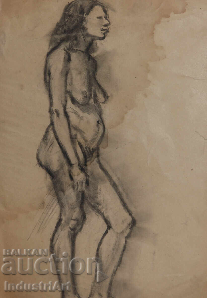 Δημοπρασία Παλιό σχέδιο κάρβουνο γυναικείο πορτρέτο γυμνό σώμα