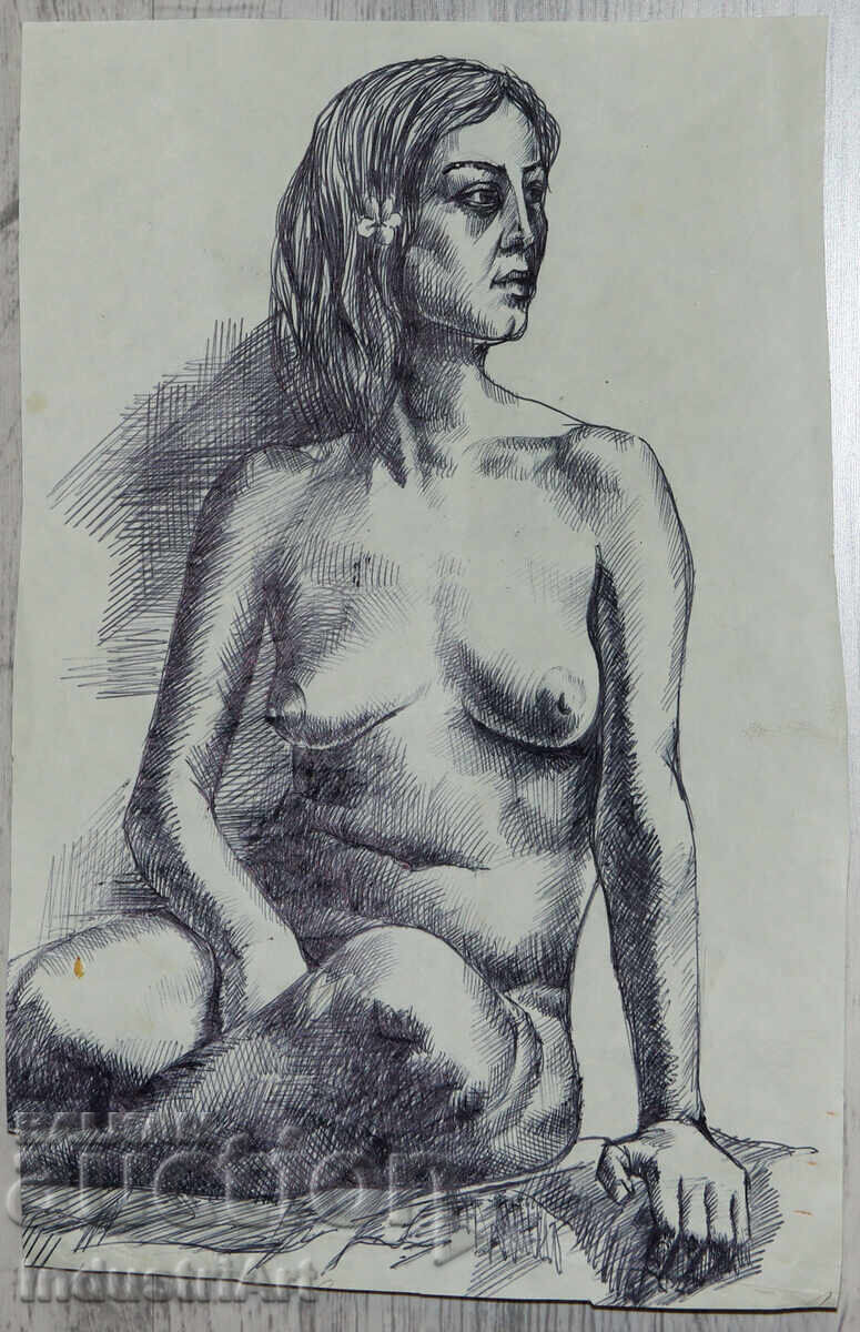 Auction Old ink drawing, female portrait, nude body Auction Old ink drawing, female portrait, nude body