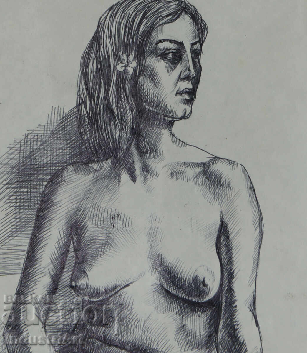 Delivery of Old ink drawing, female portrait, nude body Delivery of Old ink drawing, female portrait, nude body